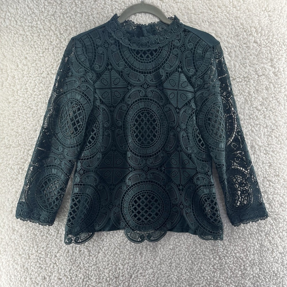 Antropologie James Coviello New York Lace Blouse Top XS Green Button Up Elegant